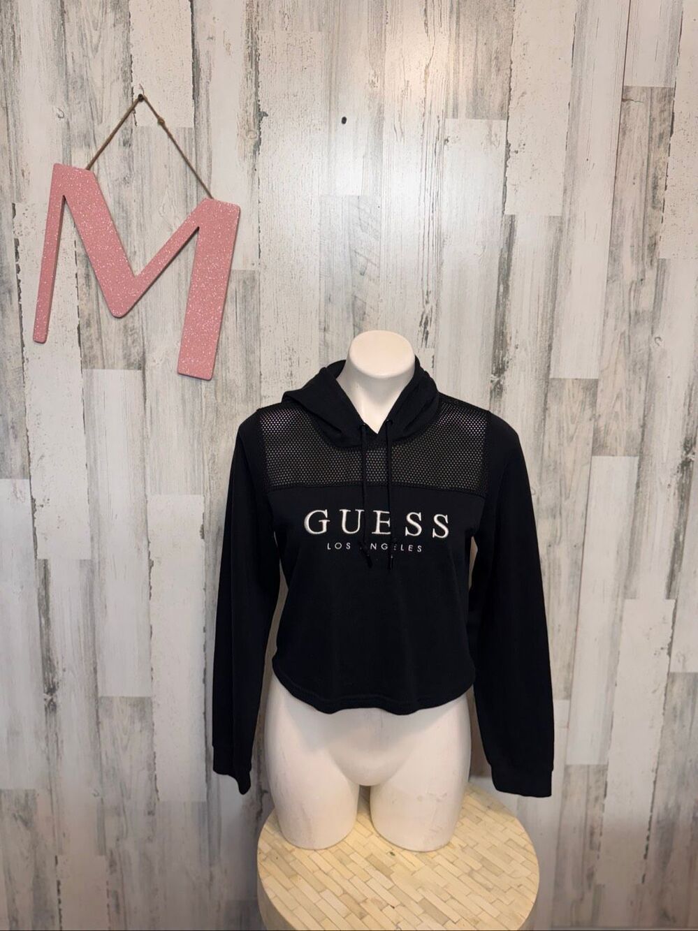 GUESS Los Angeles Black Cropped Hoodie Womens Medium Fishnet Mesh Yoke Pullover